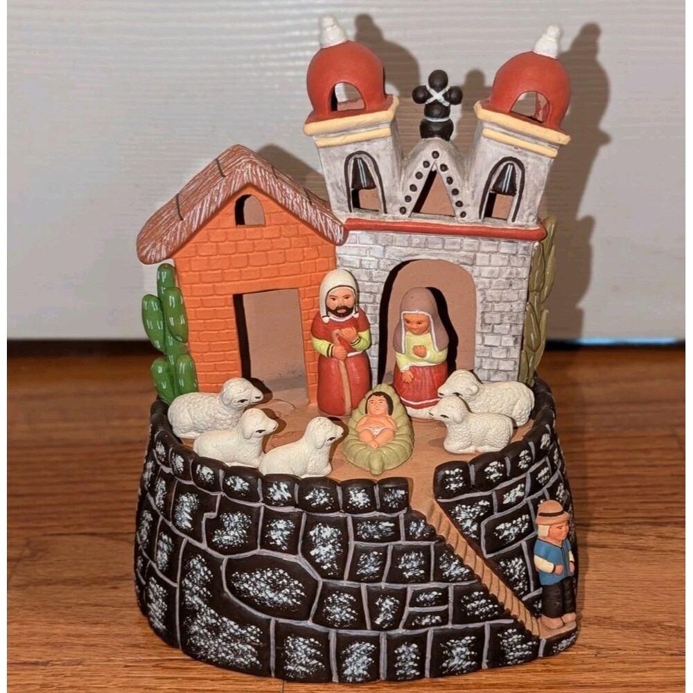 Handcrafted Ceramic Nativity Scene Peru Central Church Bell Tower‎ Christmas